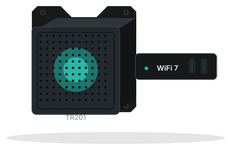 L’access point Trantor SecureWiFi AP TR201, accanto al suo adattatore WiFi 7